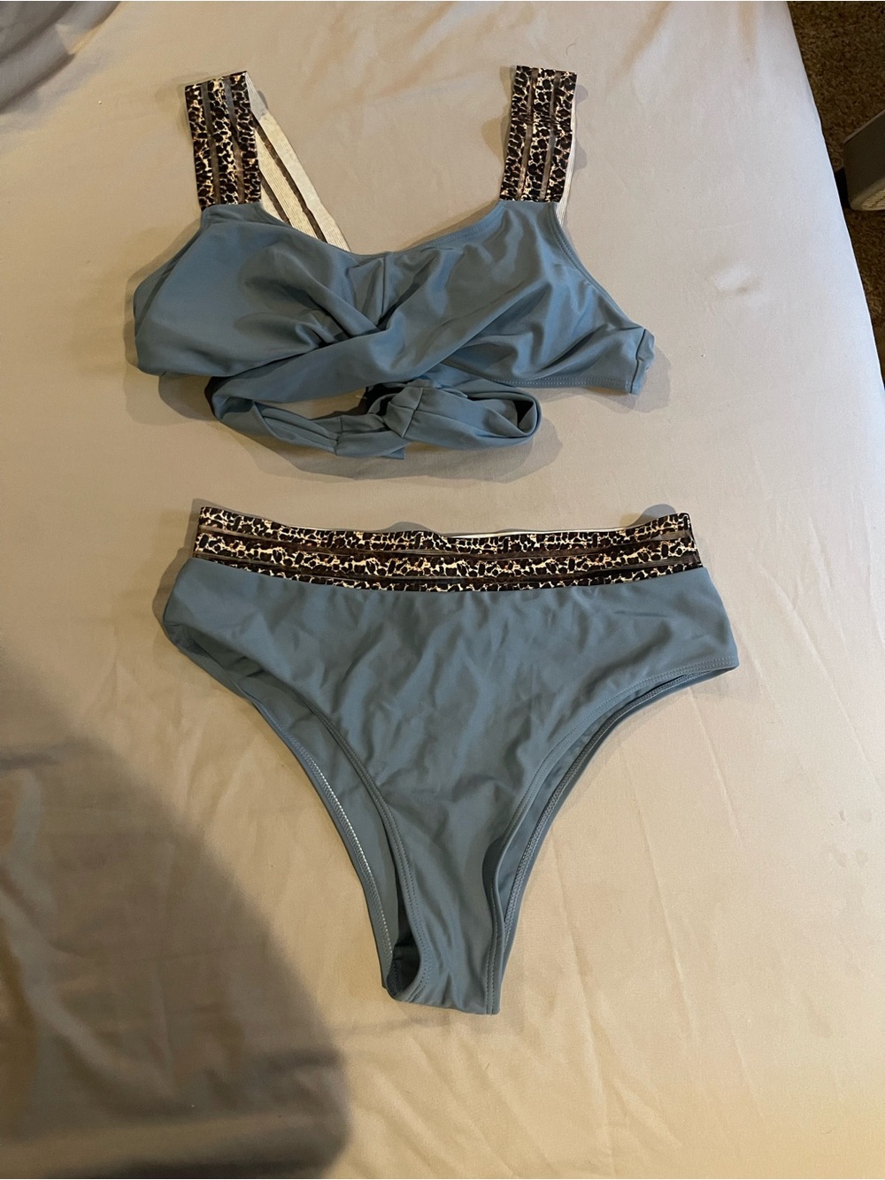 Blue Two-Piece Bikini Set with Leopard Trim
